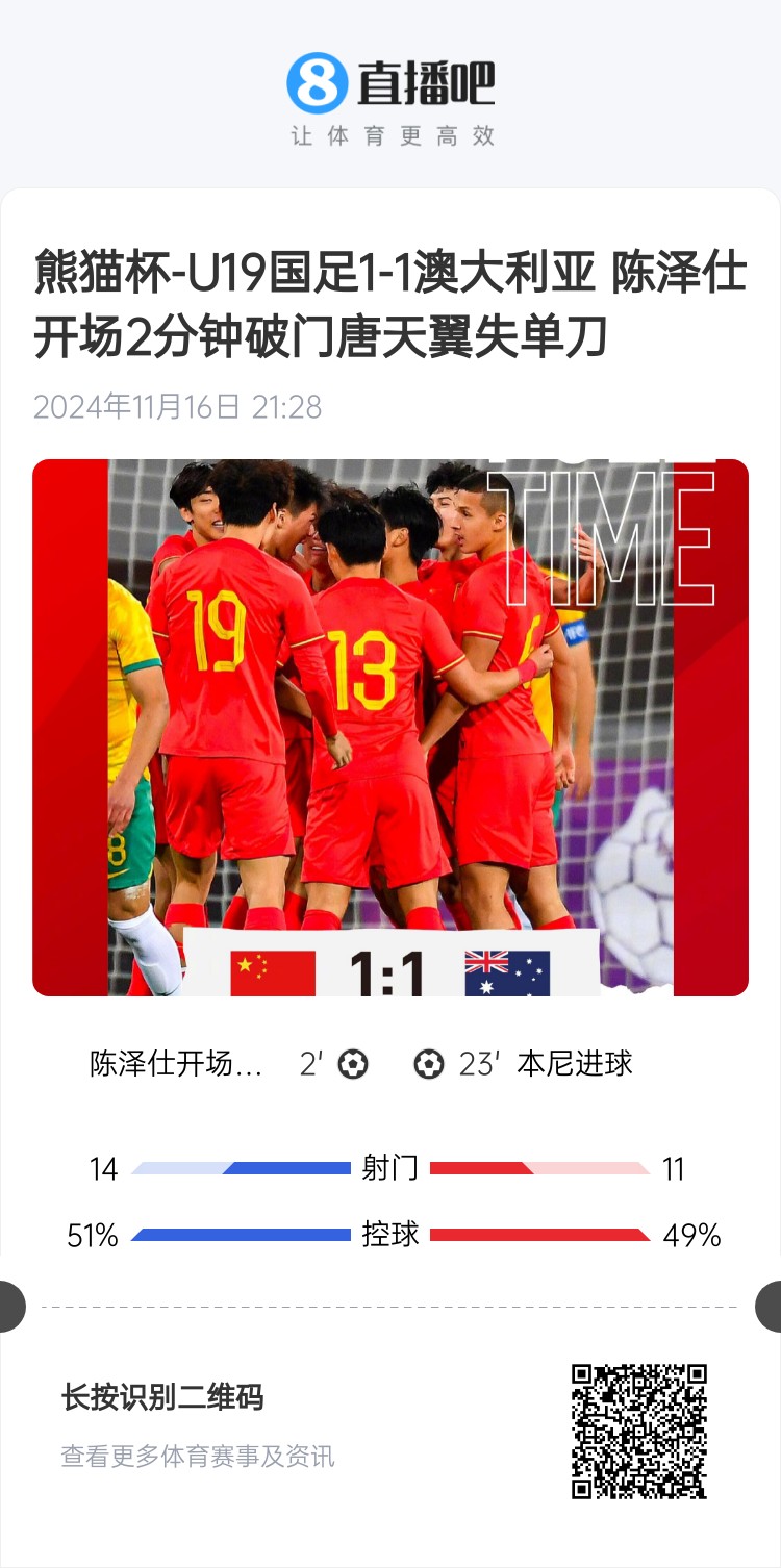  二番戰(zhàn)！U20國青與澳大利亞去年熊貓杯剛有過交手，雙方1-1戰(zhàn)平